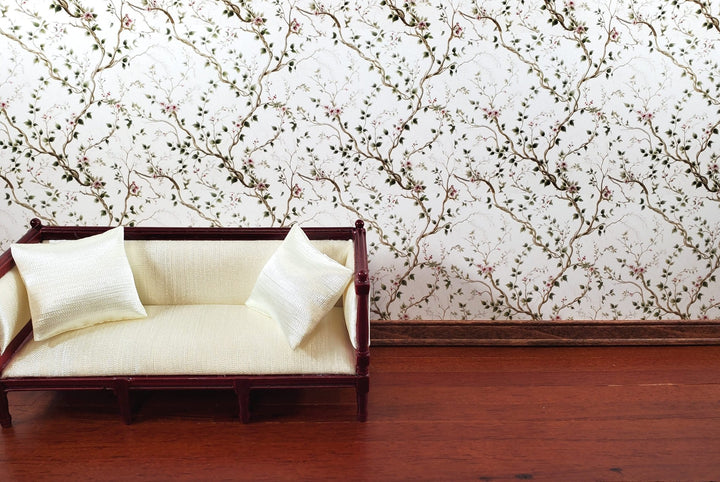 Dollhouse Wallpaper Ivory Garden Vines Pink Flowers 1:12 Scale MiniatureCrush - Miniature Crush