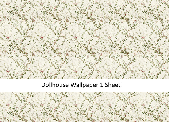 Dollhouse Wallpaper Ivory Garden Vines Pink Flowers 1:12 Scale MiniatureCrush - Miniature Crush