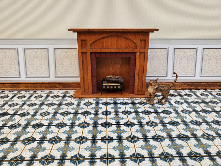 Dollhouse Wallpaper or Floor Tile Victorian Blue White Gold 1:12 Scale by MiniatureCrush - Miniature Crush