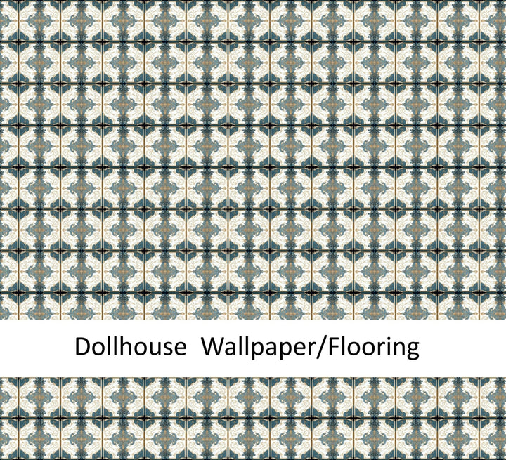 Dollhouse Wallpaper or Floor Tile Victorian Blue White Gold 1:12 Scale by MiniatureCrush - Miniature Crush