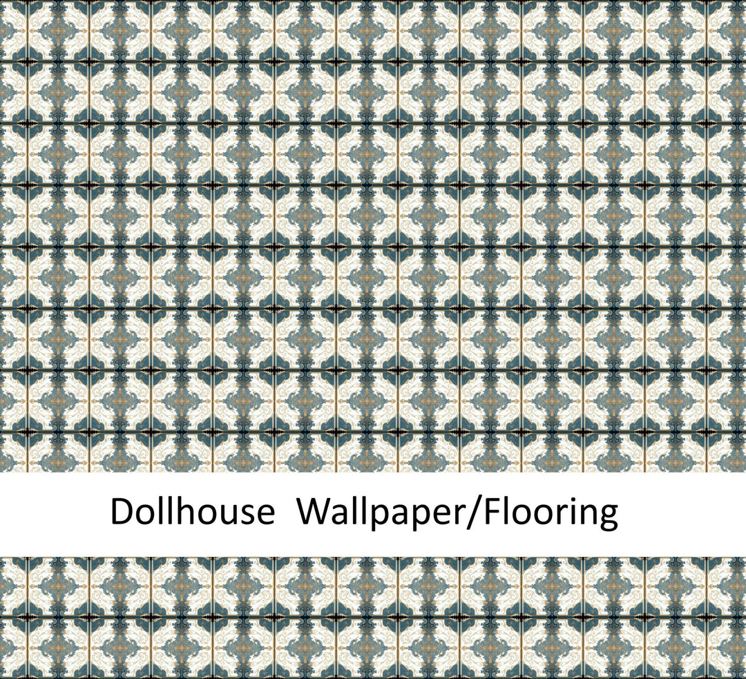 Dollhouse Wallpaper or Floor Tile Victorian Blue White Gold 1:12 Scale by MiniatureCrush - Miniature Crush