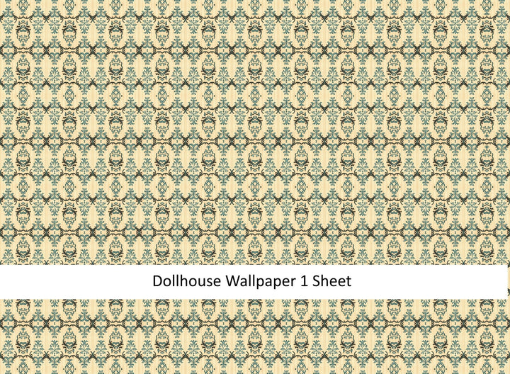 Dollhouse Wallpaper Victorian Cream Blue Brown 1:12 Scale MiniatureCrush Exclusive - Miniature Crush