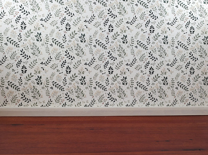 Dollhouse Wallpaper Vines and Berries Greens Cream 1:12 Scale MiniatureCrush - Miniature Crush