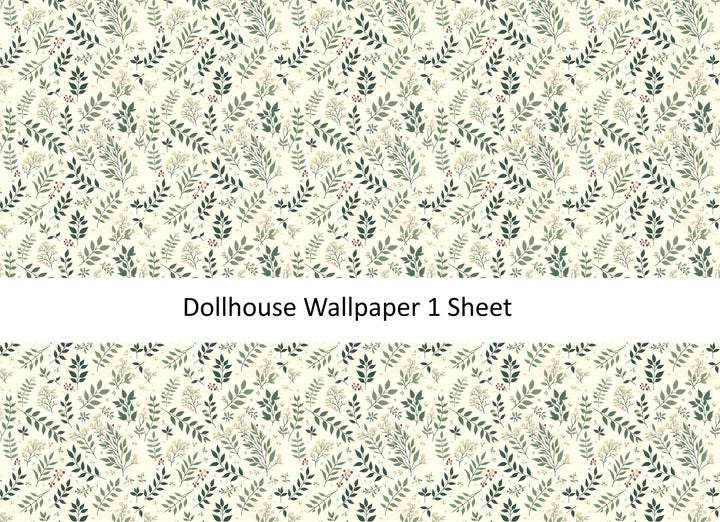 Dollhouse Wallpaper Vines and Berries Greens Cream 1:12 Scale MiniatureCrush - Miniature Crush