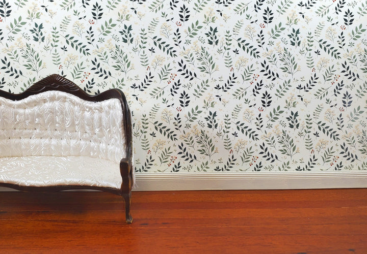 Dollhouse Wallpaper Vines and Berries Greens Cream 1:12 Scale MiniatureCrush - Miniature Crush