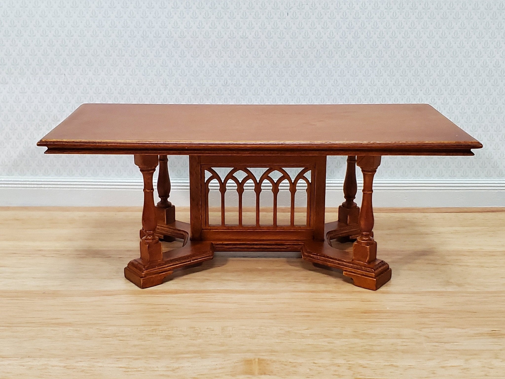 JBM Dollhouse Dining Table Gothic Tudor Style 1:12 Scale Miniature  Furniture Walnut Finish