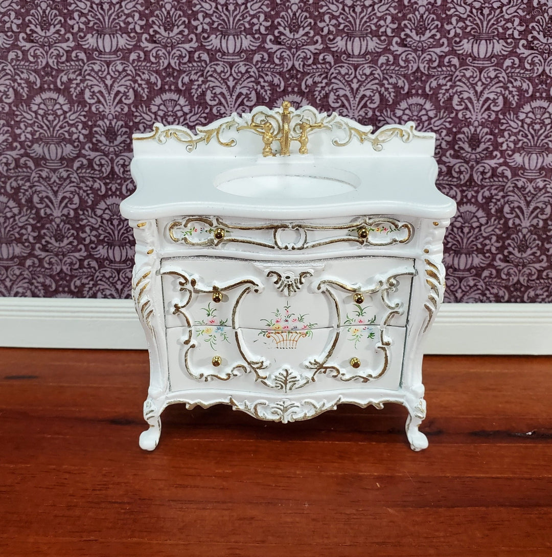 JBM Miniature Bathroom Sink White & Gold Baroque Style 1:12 Scale Dollhouse - Miniature Crush