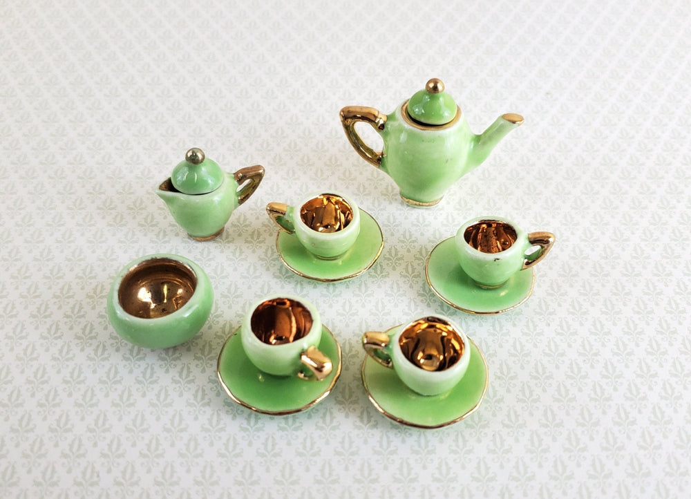 Miniature 1:6 Scale Retro Tea Set Teapot 4 Cups & Saucers Sugar Creamer Green Gold - Miniature Crush