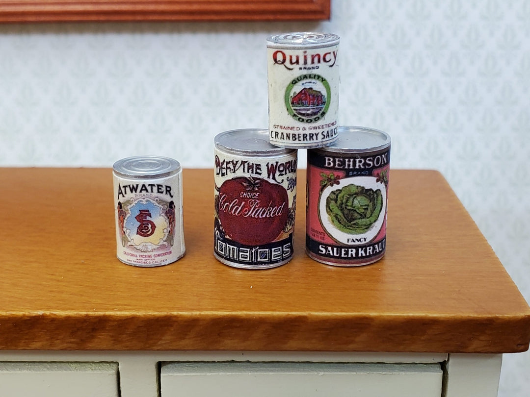 Miniature Canned Goods x4 Old Fashion Grocery Store Cans 1:12 Scale Dollhouse Food - Miniature Crush