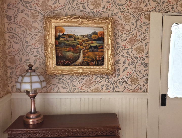 Miniature Folk Art Framed Art Print Houses Trees Hills 1:12 Scale Dollhouse - Miniature Crush