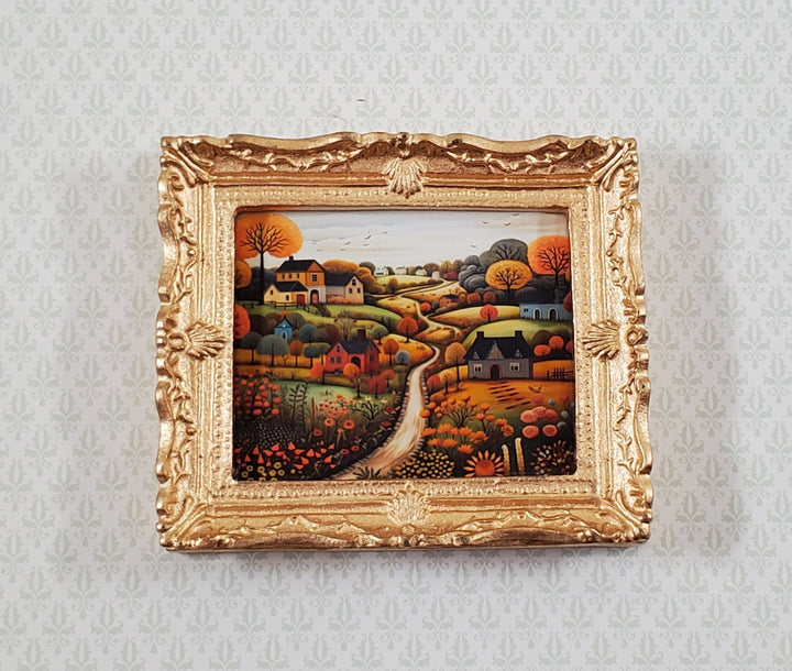 Miniature Folk Art Framed Art Print Houses Trees Hills 1:12 Scale Dollhouse - Miniature Crush