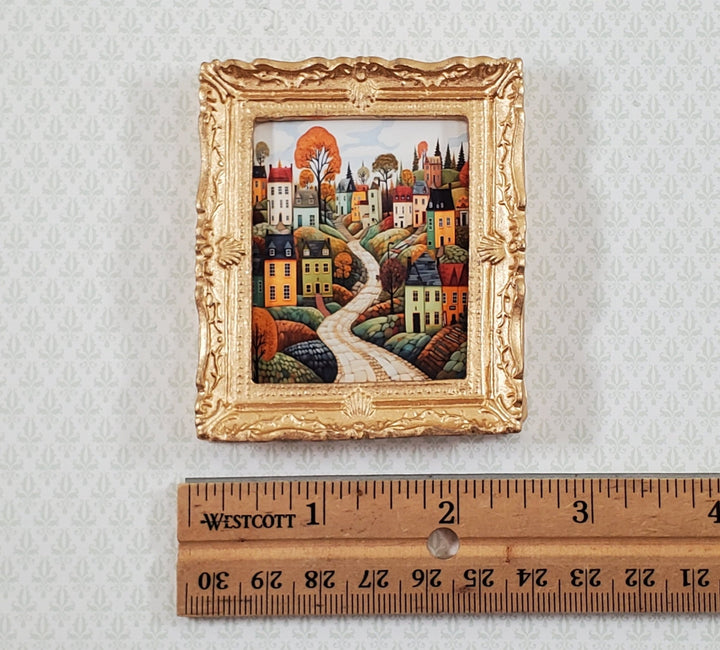 Miniature Folk Art Framed Art Print Houses Trees Road 1:12 Scale Dollhouse - Miniature Crush