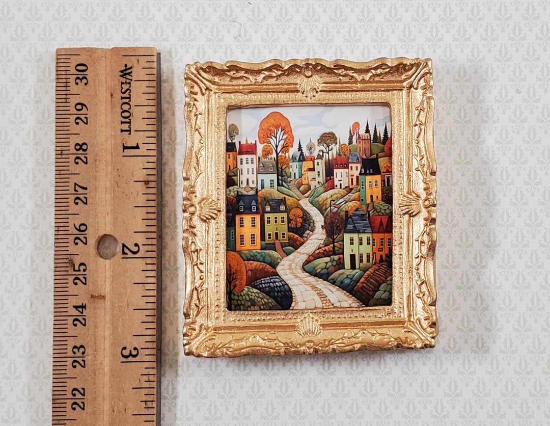 Miniature Folk Art Framed Art Print Houses Trees Road 1:12 Scale Dollhouse - Miniature Crush