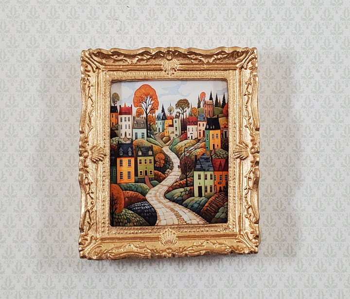 Miniature Folk Art Framed Art Print Houses Trees Road 1:12 Scale Dollhouse - Miniature Crush