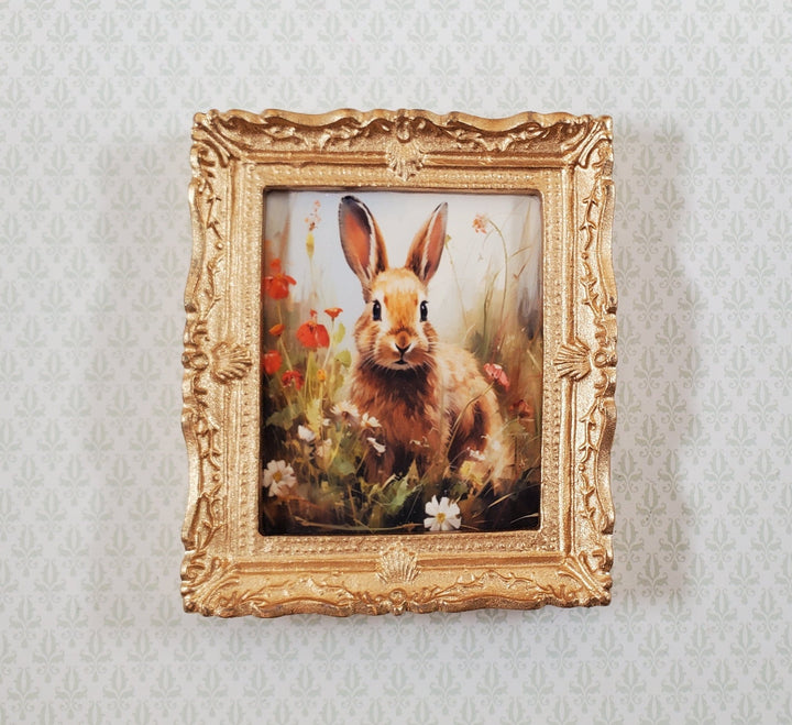 Miniature Framed Art Print Bunny Rabbit with Poppies 1:12 Scale Dollhouse - Miniature Crush