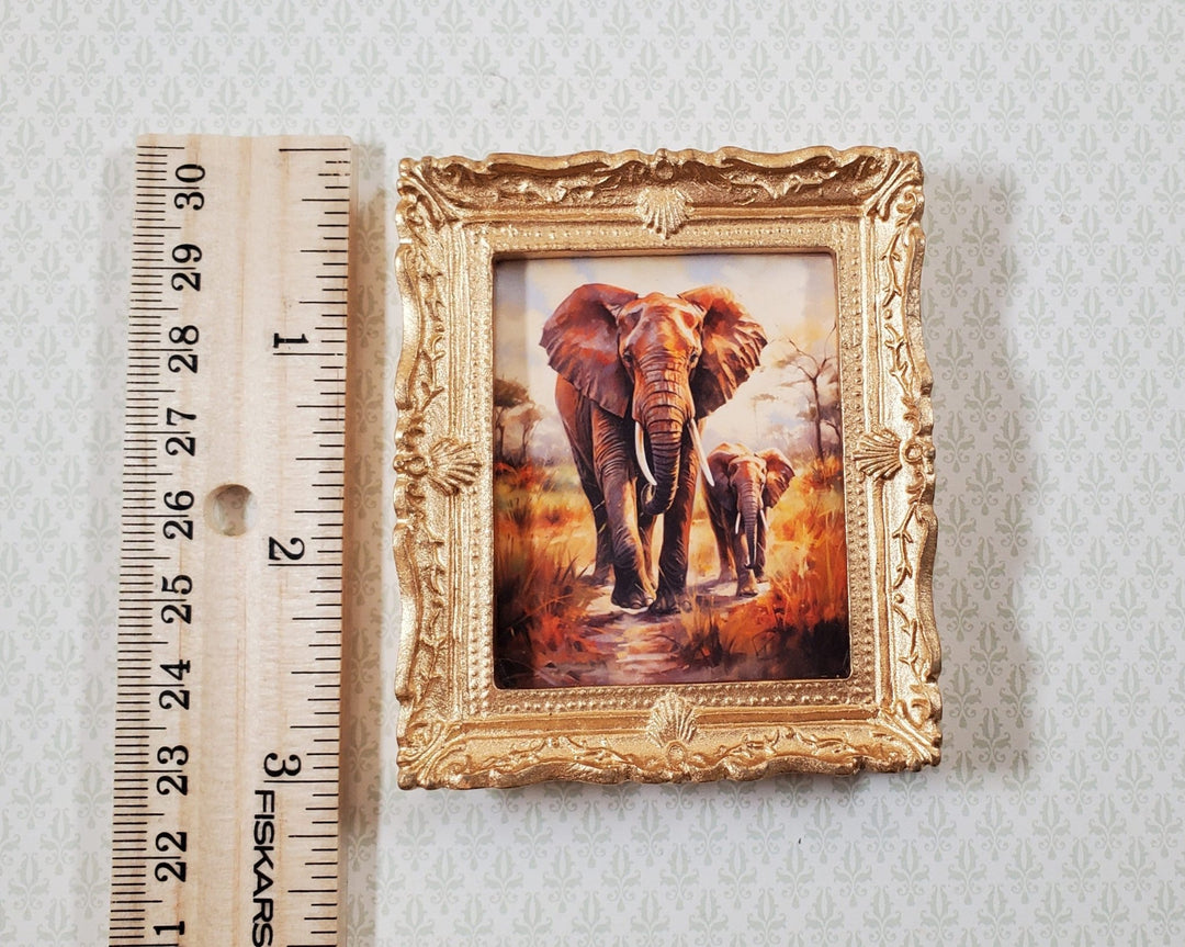 Miniature Framed Art Print Elephant with Calf Gold Frame 1:12 Scale Dollhouse - Miniature Crush