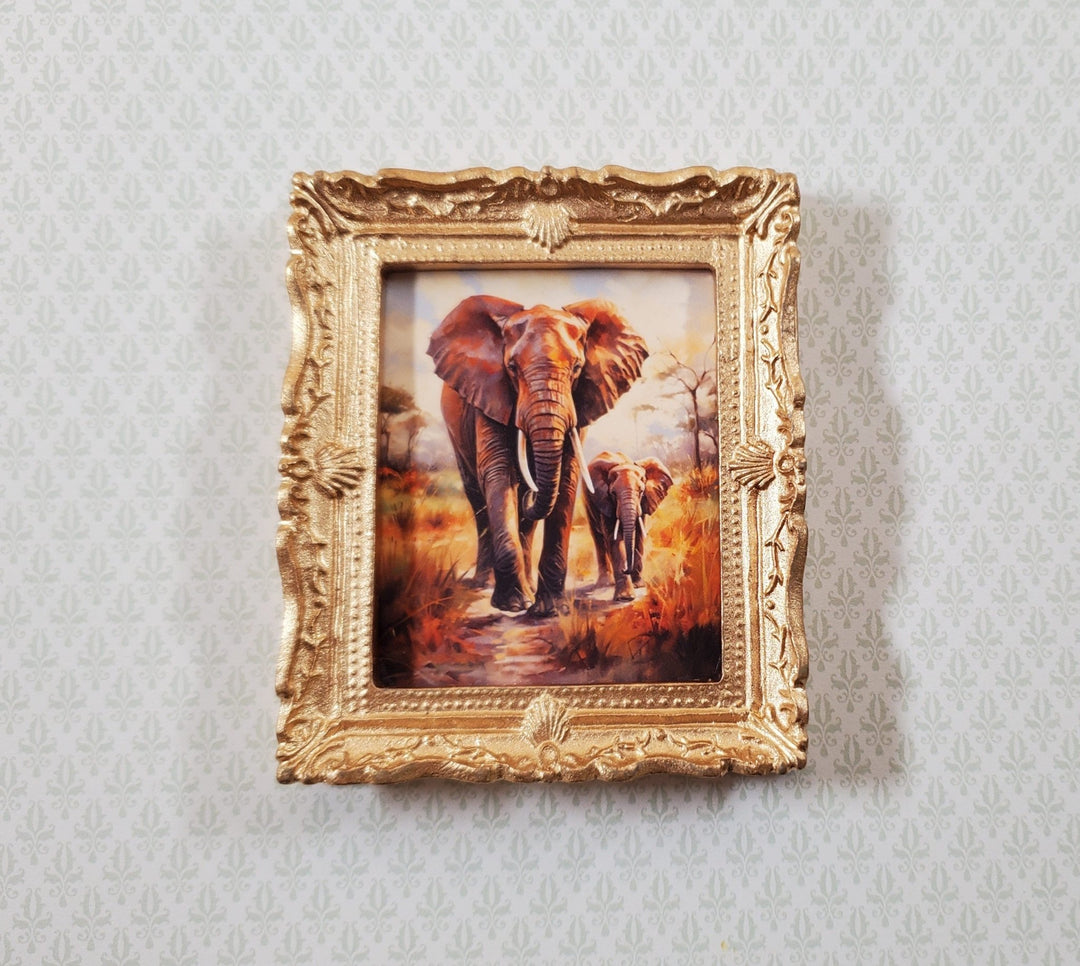 Miniature Framed Art Print Elephant with Calf Gold Frame 1:12 Scale Dollhouse - Miniature Crush