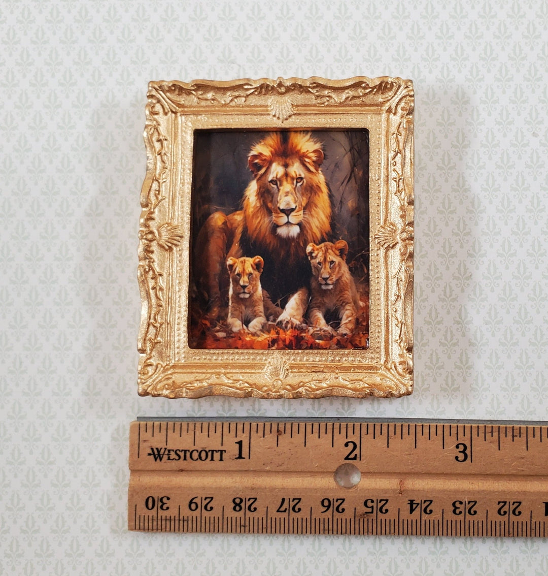 Miniature Framed Art Print Male Lion with Cubs Gold Frame 1:12 Scale Dollhouse - Miniature Crush