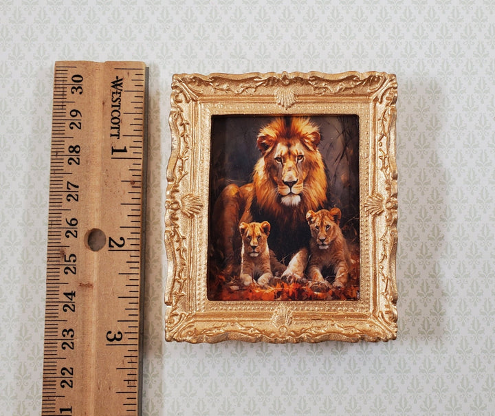 Miniature Framed Art Print Male Lion with Cubs Gold Frame 1:12 Scale Dollhouse - Miniature Crush