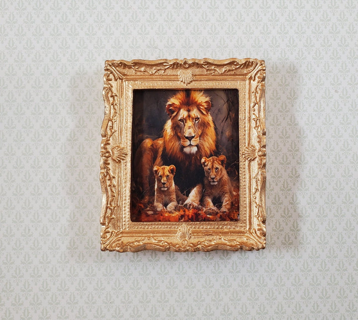 Miniature Framed Art Print Male Lion with Cubs Gold Frame 1:12 Scale Dollhouse - Miniature Crush