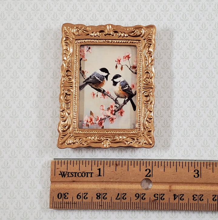 Miniature Framed Print Chickadees Birds on Cherry Branch 1:12 Scale Gold Frame - Miniature Crush
