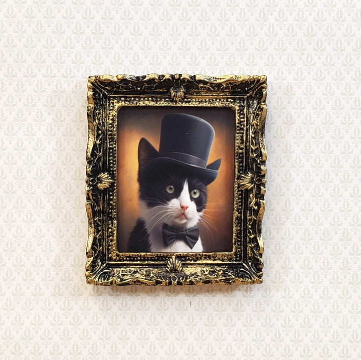 Miniature Tuxedo Cat Profile Framed Print with Top Hat Bow Tie 1:12 Scale Miniature Picture - Miniature Crush