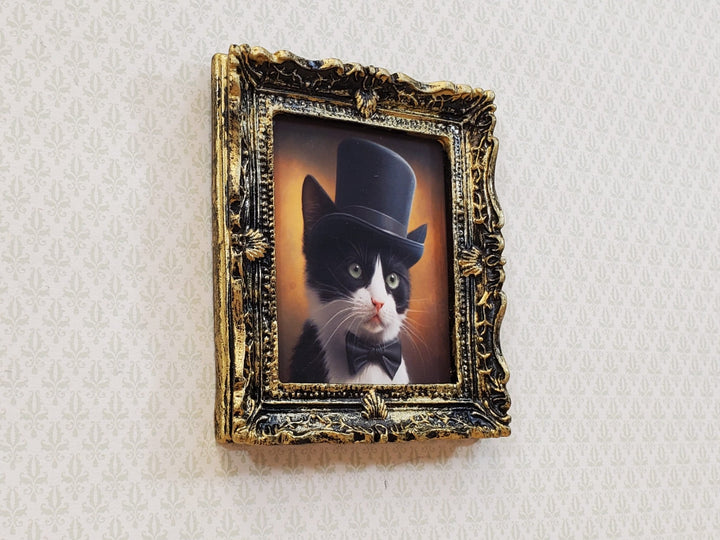 Miniature Tuxedo Cat Profile Framed Print with Top Hat Bow Tie 1:12 Scale Miniature Picture - Miniature Crush