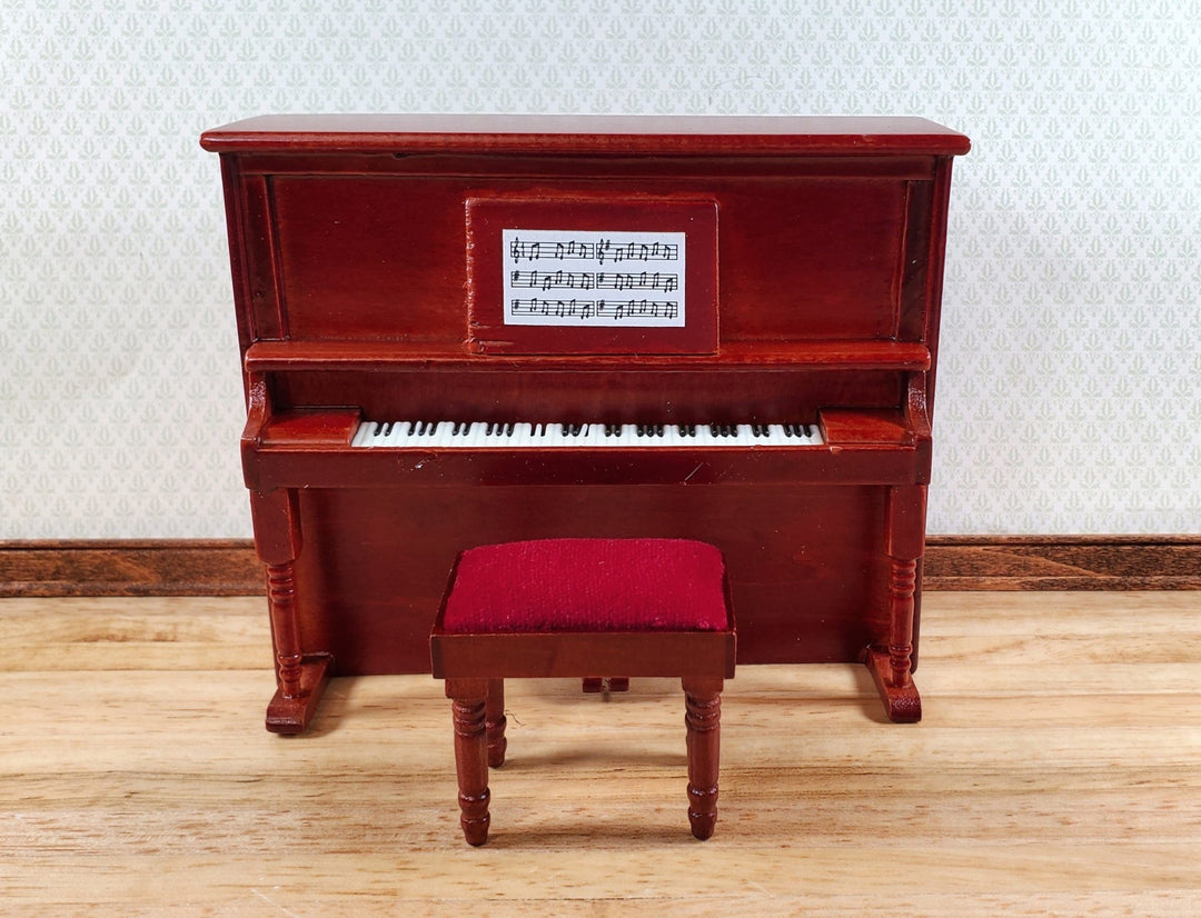 Miniature Upright Piano with Bench Seat Wood 1:12 Scale Mahogany Finish - Miniature Crush