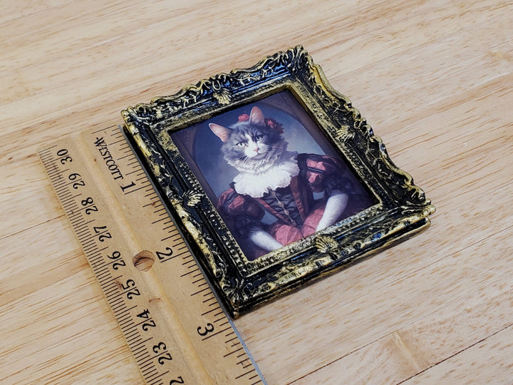 Miniature Victorian Cat Framed Print Gray White Fur 1:12 Scale Miniature Picture - Miniature Crush