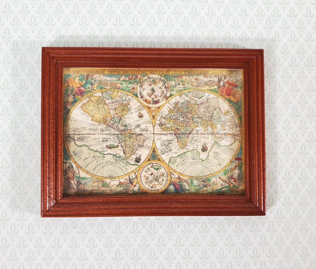 Miniature Vintage World Map 1600 Print Framed 1:12 Scale Dollhouse Decor - Miniature Crush