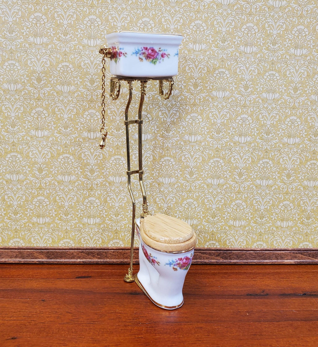 Reutter's Dollhouse Toilet High Tank Vintage Style Porcelain 1:12 Scale Dresden Rose Pattern - Miniature Crush