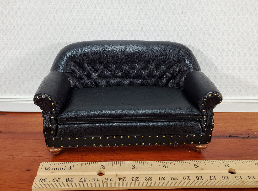 Dollhouse Sofa Black Tufted Faux Leather 1:12 Scale Miniature Furniture by JBM