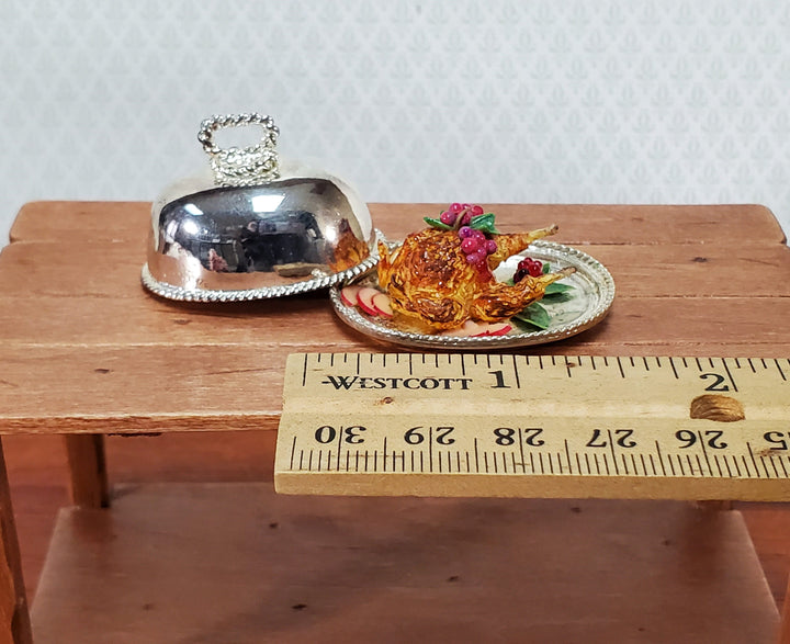 Dollhouse Food Chicken with Fruit on Silver Plated Platter with Lid 1:12 Scale Miniature by Falcon