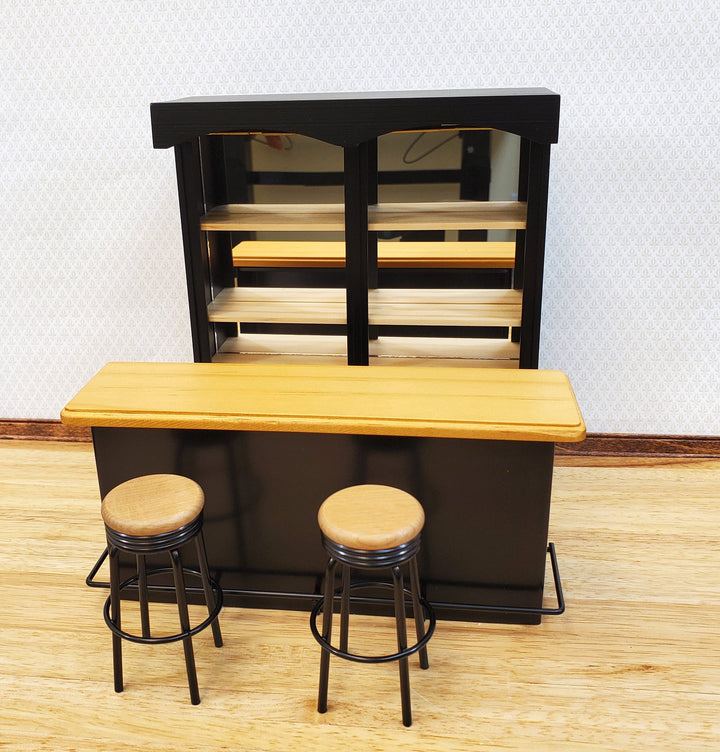 Dollhouse Miniature Bar Counter 3 Stools Black Metal & Oak Wood 1:12 Scale Large