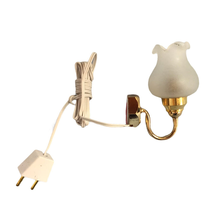 Dollhouse Miniature Sconce Single Flower Frosted Shade Gold 12 Volt w/Plug 1:12