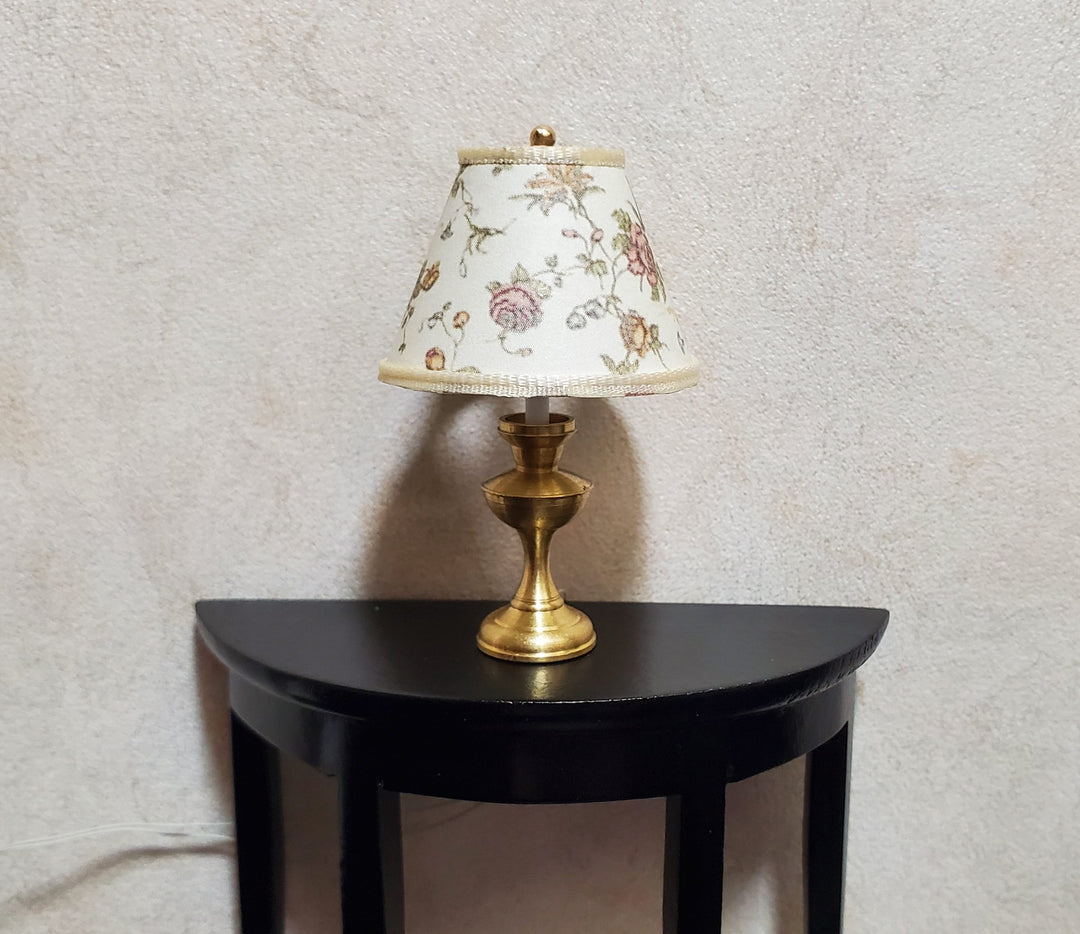Dollhouse Table Lamp Cream Floral Shade Brass Base 12 Volt Wired 1:12 Scale