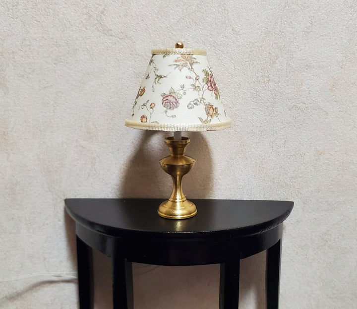 Dollhouse Table Lamp Cream Floral Shade Brass Base 12 Volt Wired 1:12 Scale