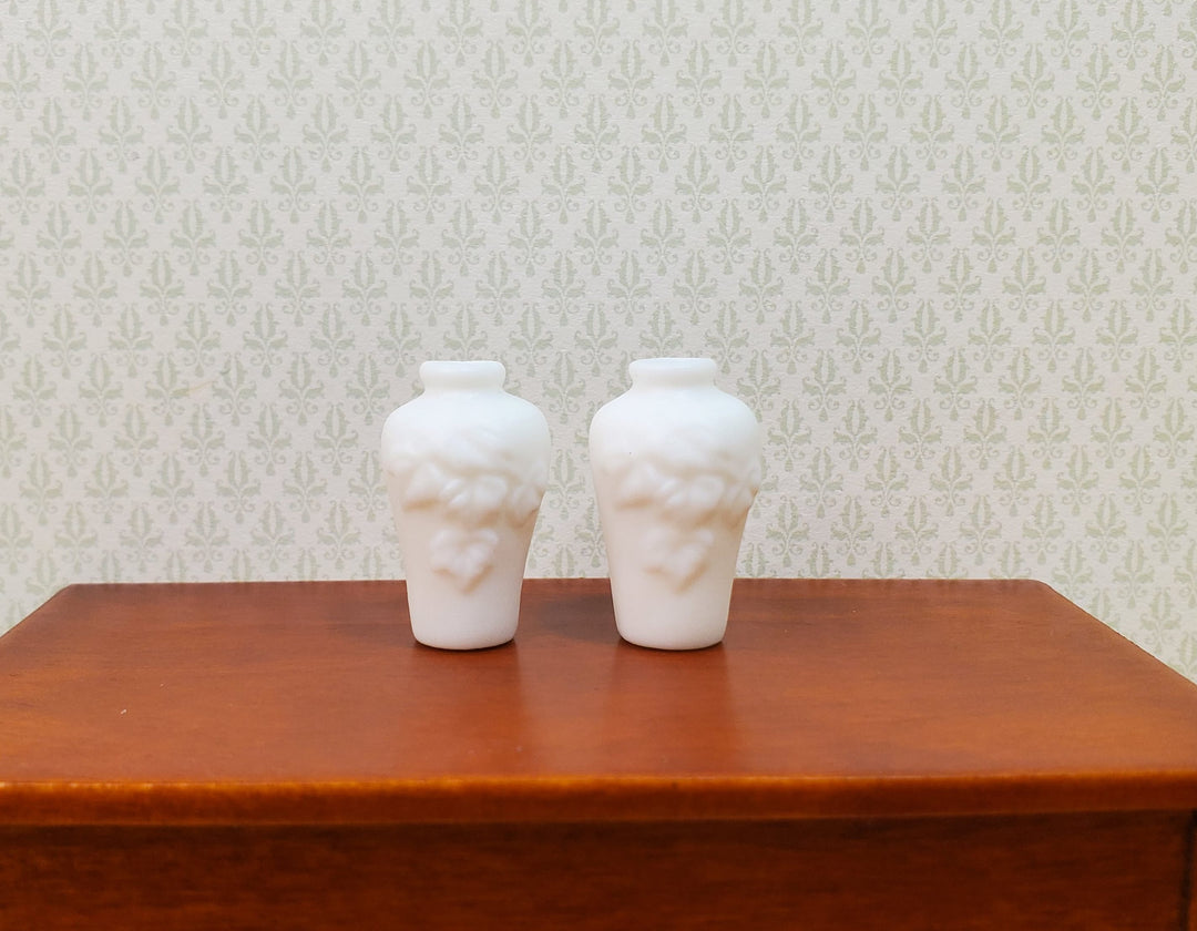 Dollhouse Relief Vases White Ceramic Leaves Motif 1:12 Scale Miniatures Set of 2