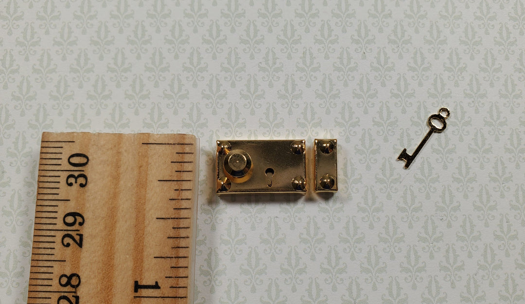 Dollhouse Rim Lock Set Door Knob Strike Plate with Key Gold 1:12 Scale Large