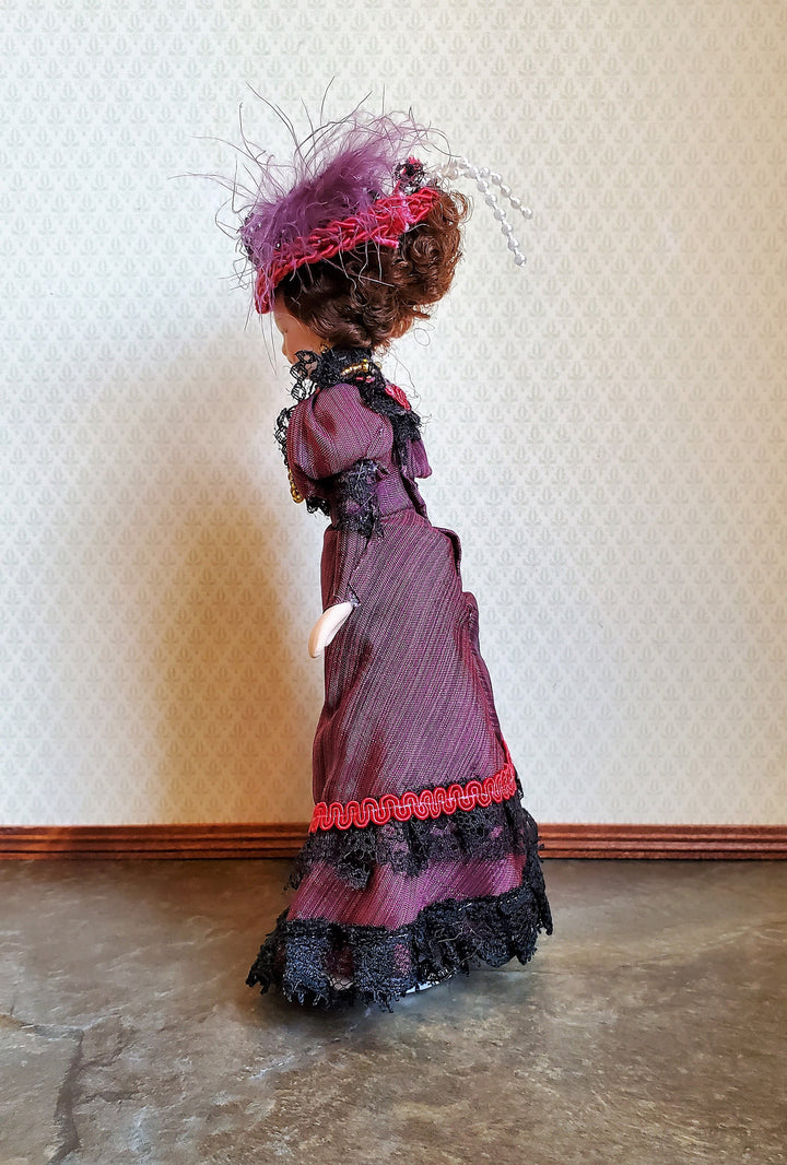 Dollhouse Victorian Doll Porcelain Fancy Maroon Dress and Hat 1:12 Scale Woman