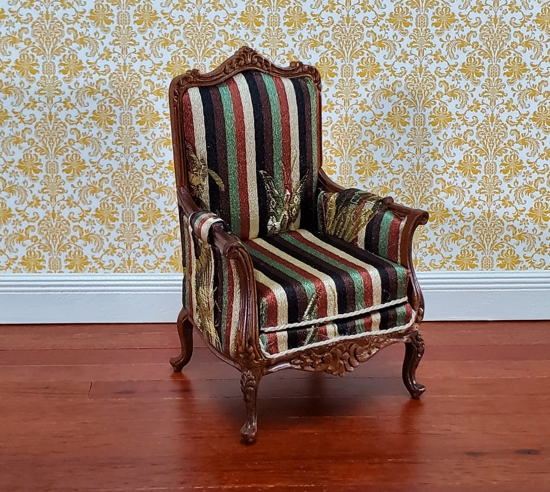 JBM Dollhouse Chair Victorian Style Striped Neutral Fabric 1:12 Scale Furniture