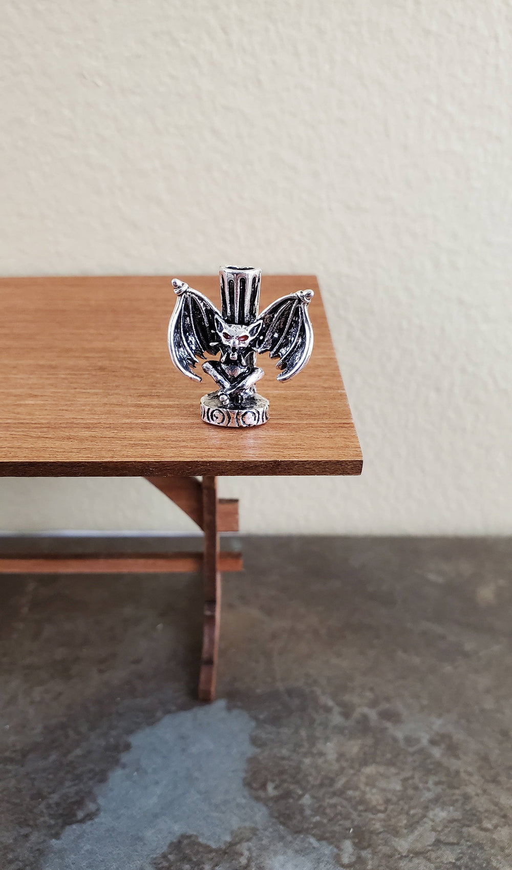 Dollhouse Miniature Gargoyle Bat Candle Holder Silver Finish Metal 1:12 Scale
