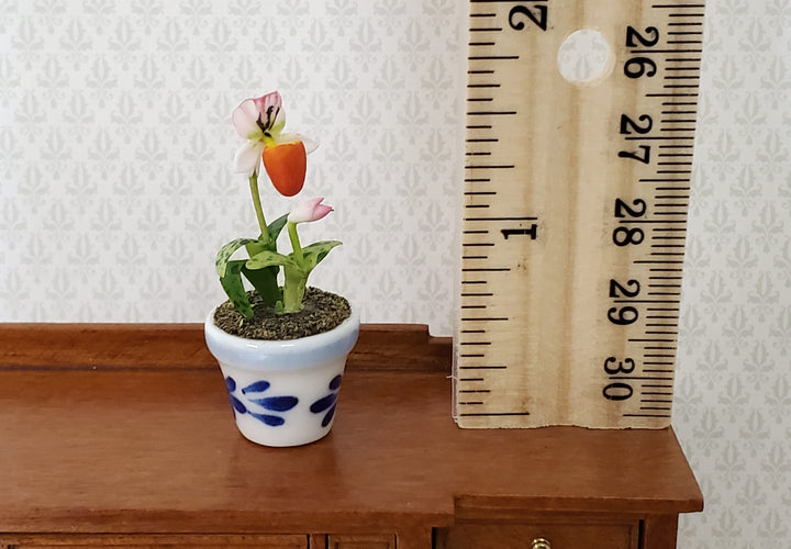 Dollhouse Potted Orchid Pink & White Flowering Plant in Ceramic Pot 1:12 Scale