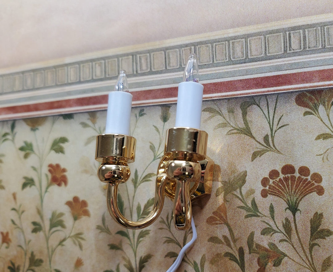 Dollhouse Double Candle Wall Sconce Gold 12 Volt with Plug 1:12 Miniature Light