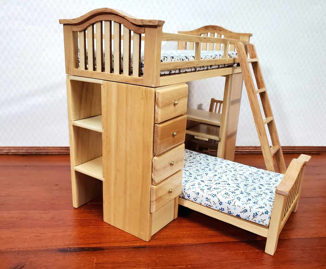 Dollhouse Bunk Beds Built in Shelves Desk with Ladder 1:12 Scale Miniature Furniture