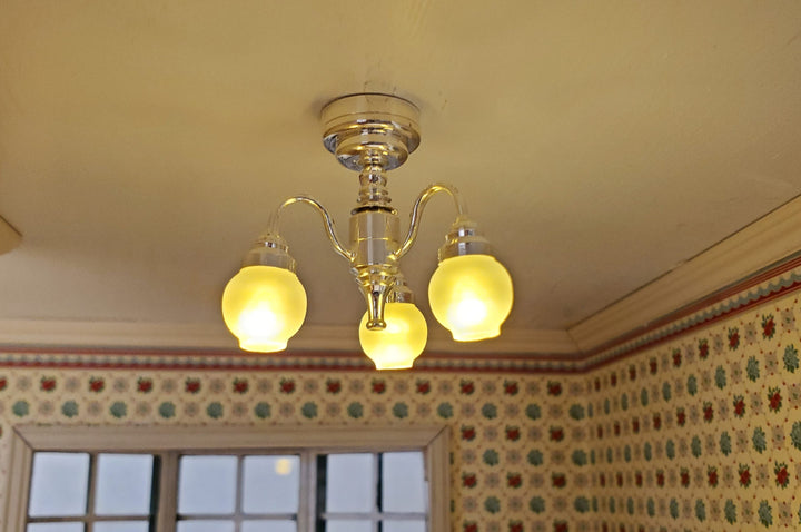 Dollhouse Chandelier Ceiling Wand Light Battery Operated 3 Arm Silver 1:12 Scale