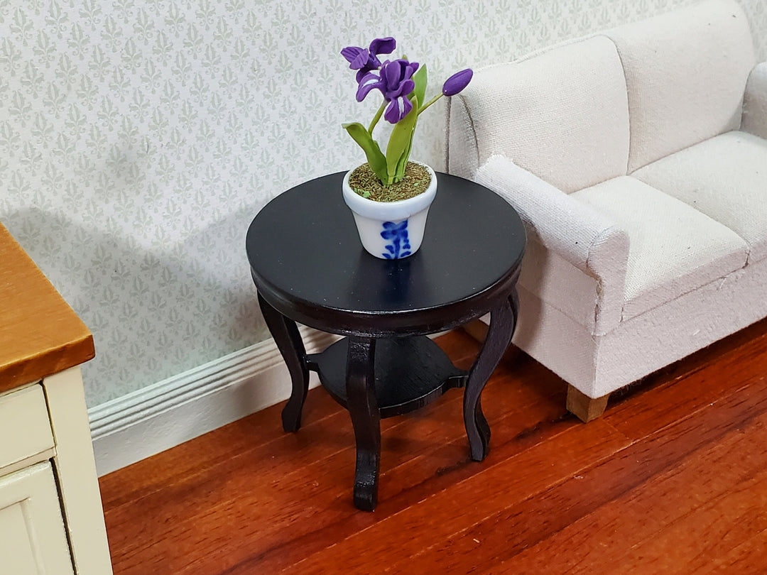 Dollhouse Table Small Round Side or End Table Black Lower Shelf 1:12 Scale Miniature Furniture
