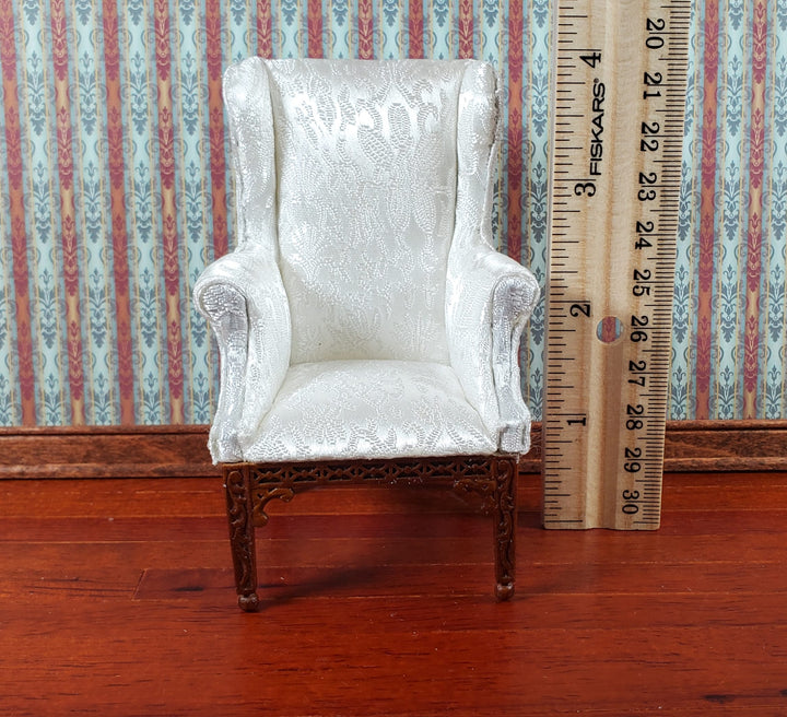 JBM Dollhouse Arm Chair White Brocade Fabric 1:12 Scale Miniature Furniture