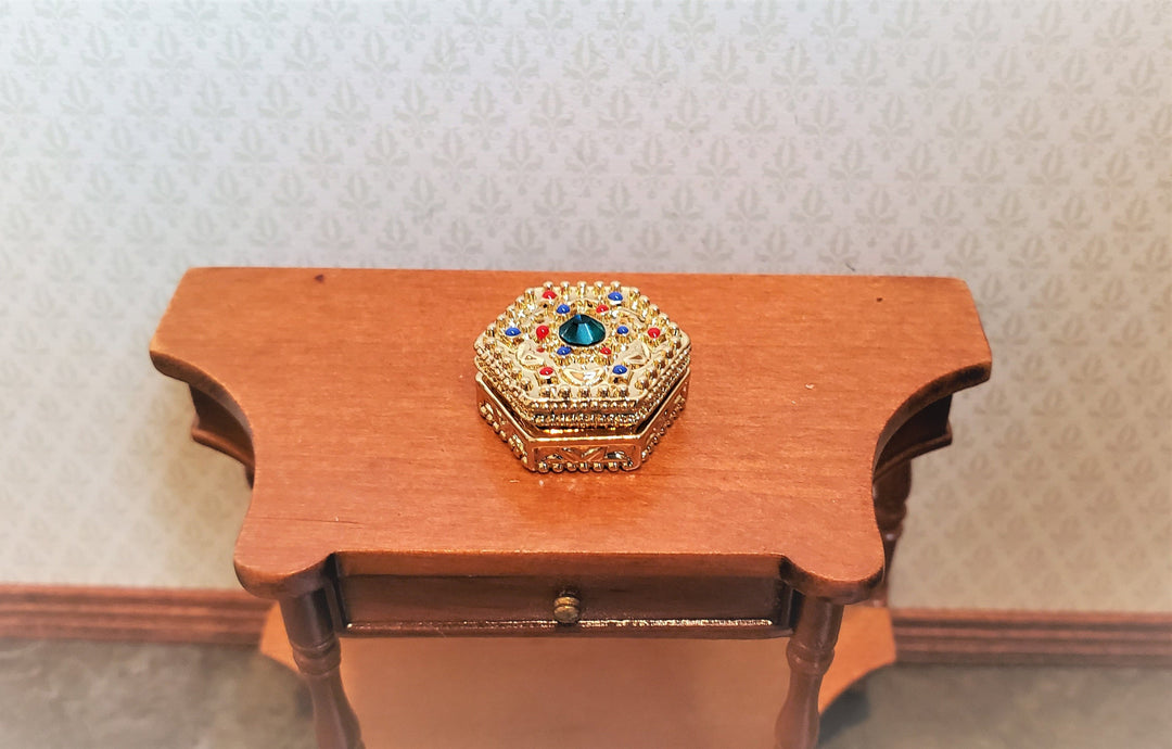 Dollhouse Gold Jewelry Box with Jewels Opening Lid 1:12 Scale Miniature