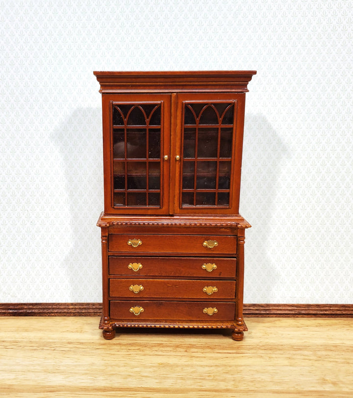 Dollhouse Tall Display Cabinet Hutch with Drawers Walnut Finish 1:12 Scale Furniture